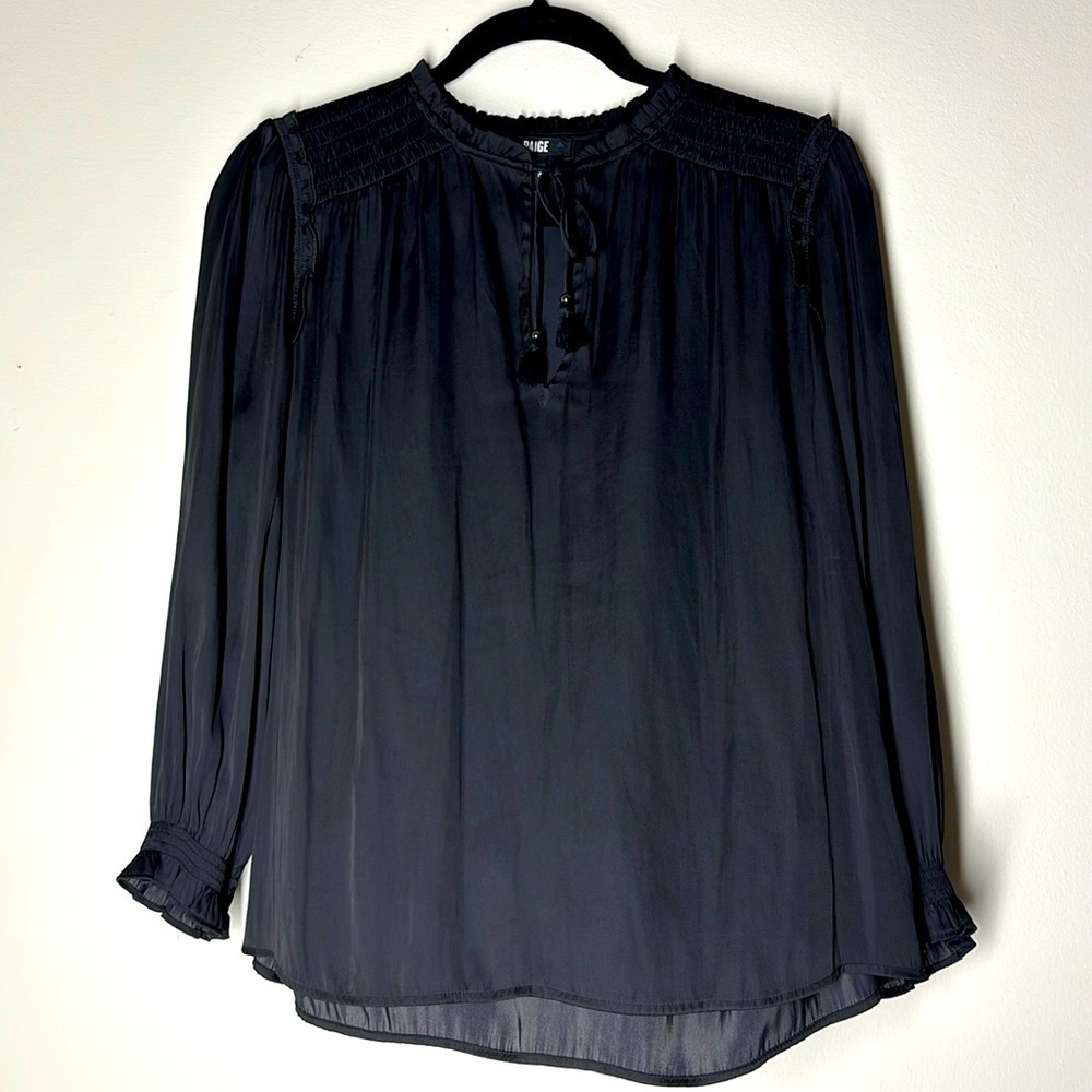 PAIGE Laramie long sleeve matte satin polyester blouse with tassels size M. - Picture 4 of 10